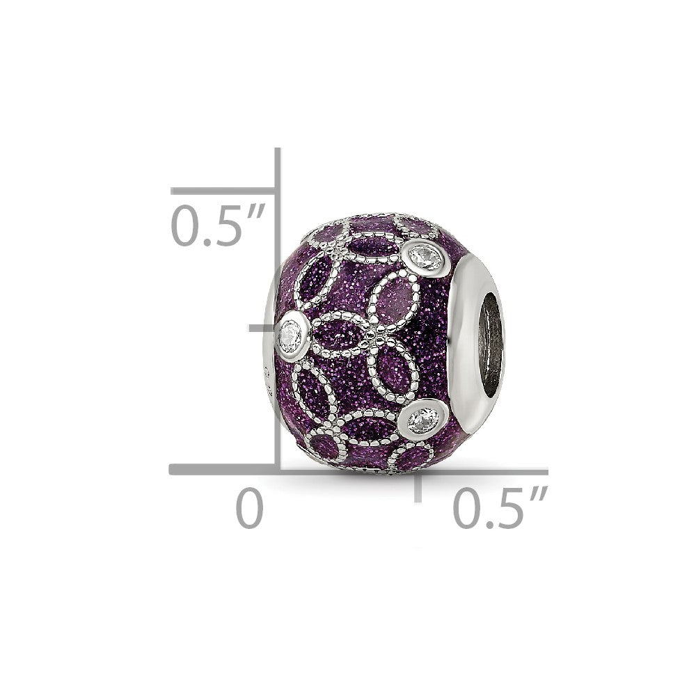 Sterling Silver Reflections Rh-plated CZs Sparkling Purple Enamel Bead