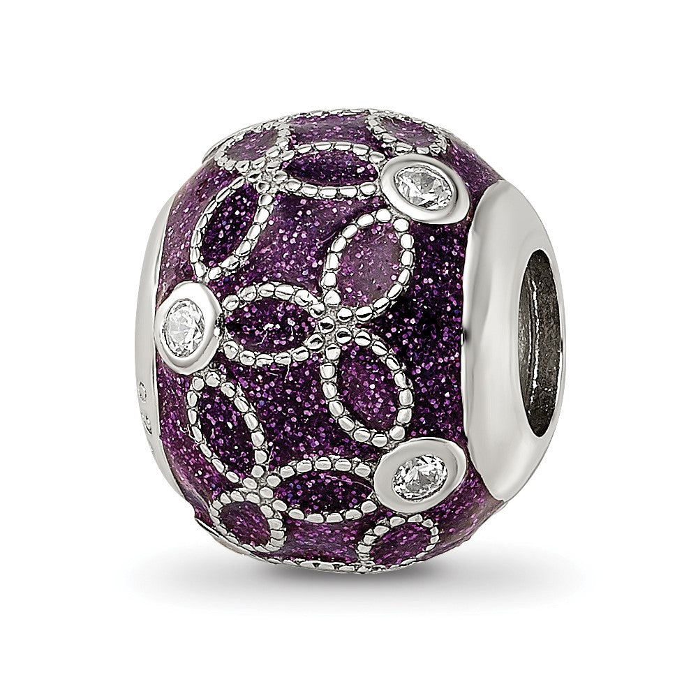Sterling Silver Reflections Rh-plated CZs Sparkling Purple Enamel Bead