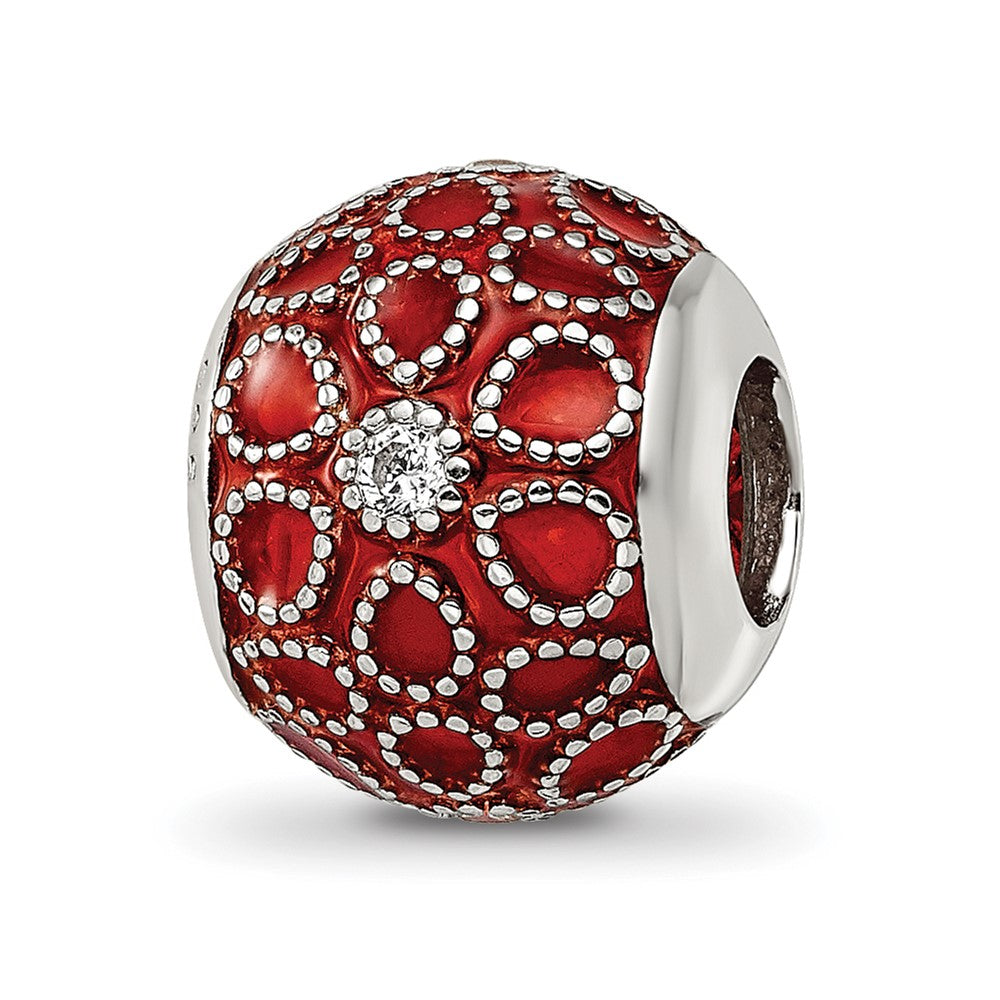 Sterling Silver Reflections Rh-plated CZs Orange Enameled Bead