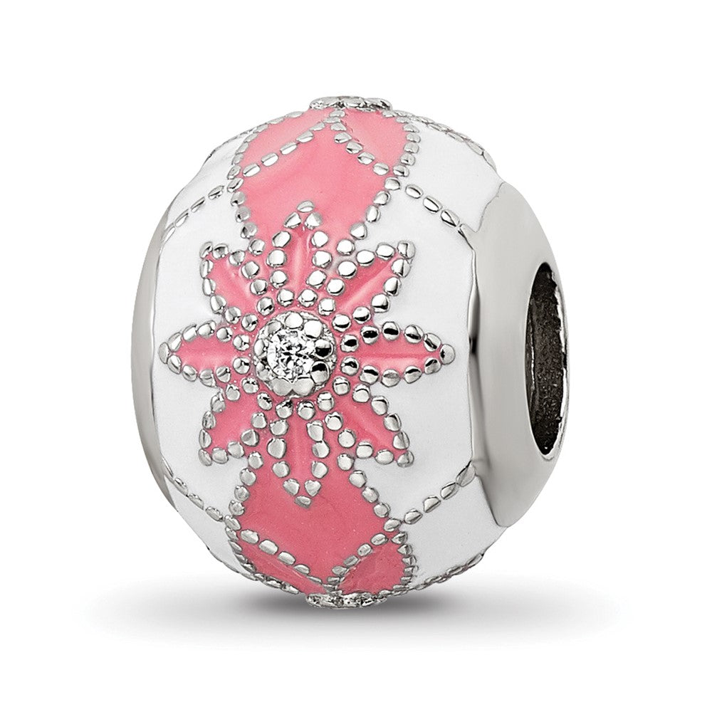 Sterling Silver Reflections Rh-plated CZ White & Pink Enamel Flowers Bead