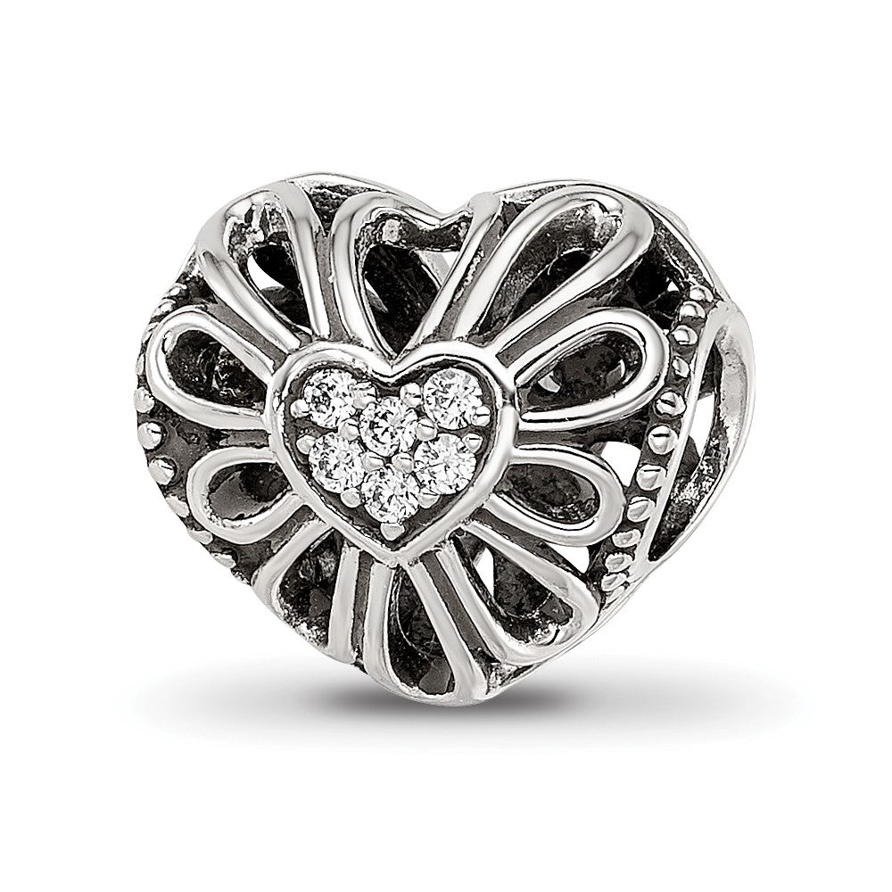 Sterling Silver Reflections Antiqued CZ Heart Bead