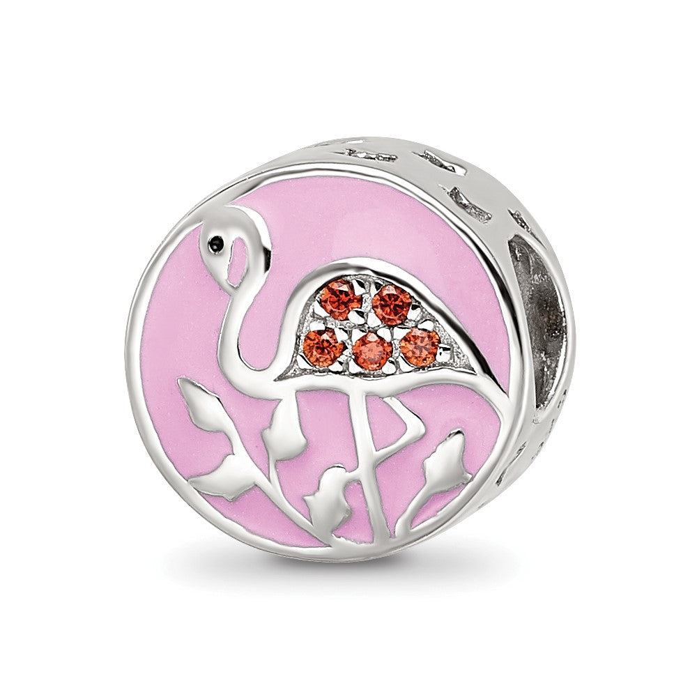 Sterling Silver Reflections Rhodium-plated Enamel CZ Flamingo Bead