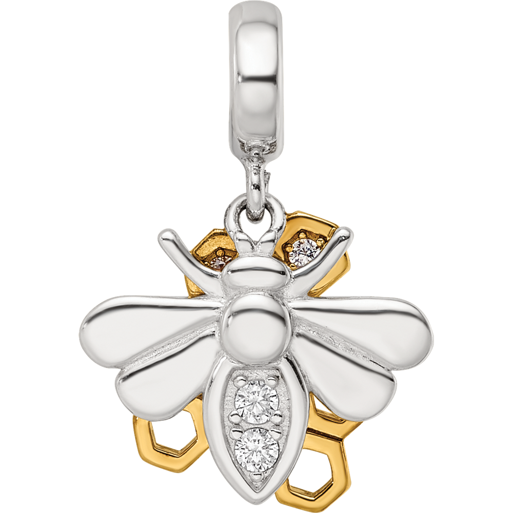 SS Reflections Rh-plated Goldplated CZ Honeycomb Bee 2-piece Dangle Bead