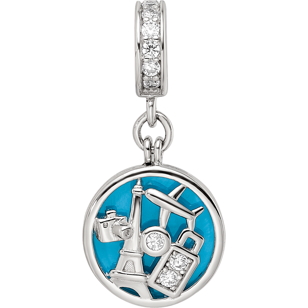 Sterling Silver Reflections Rhod-plated CZ Enamel Travel Dangle Bead