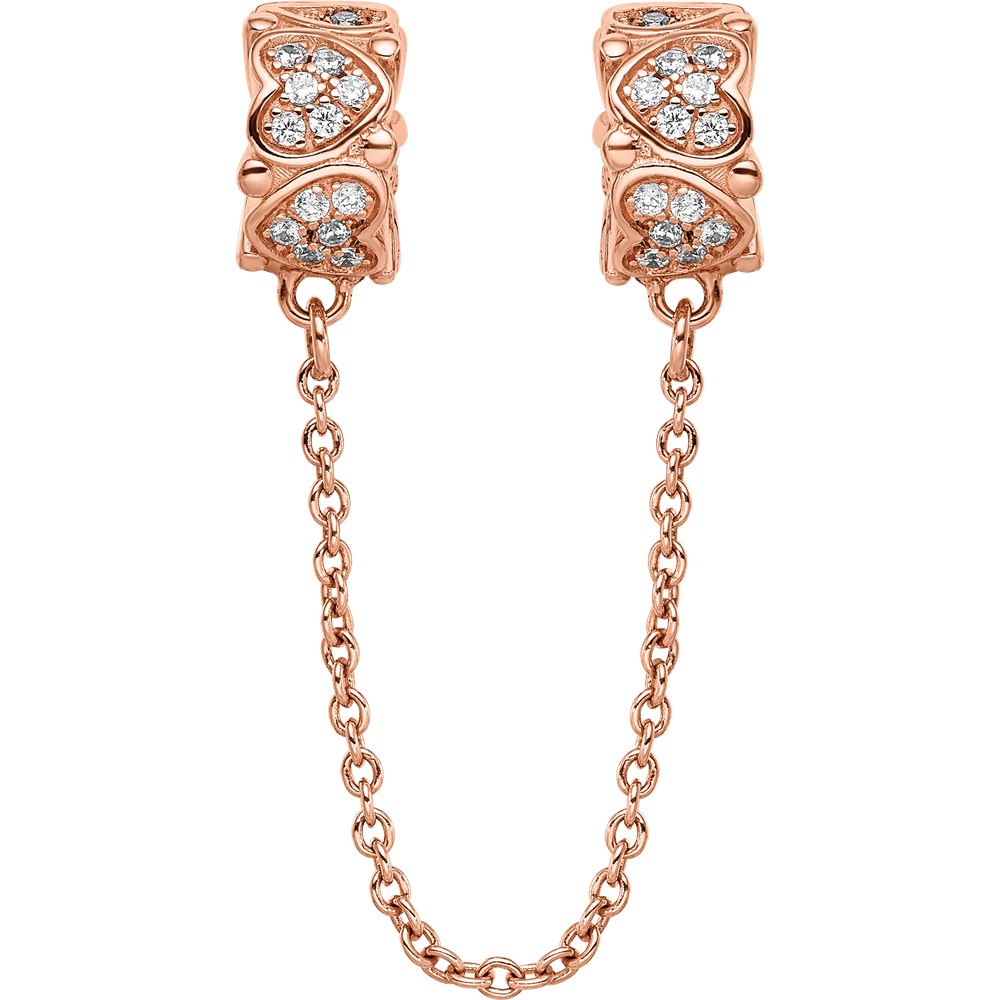 Sterling Silver Reflections Rose Gold-plated CZ Security Chain Heart Beads