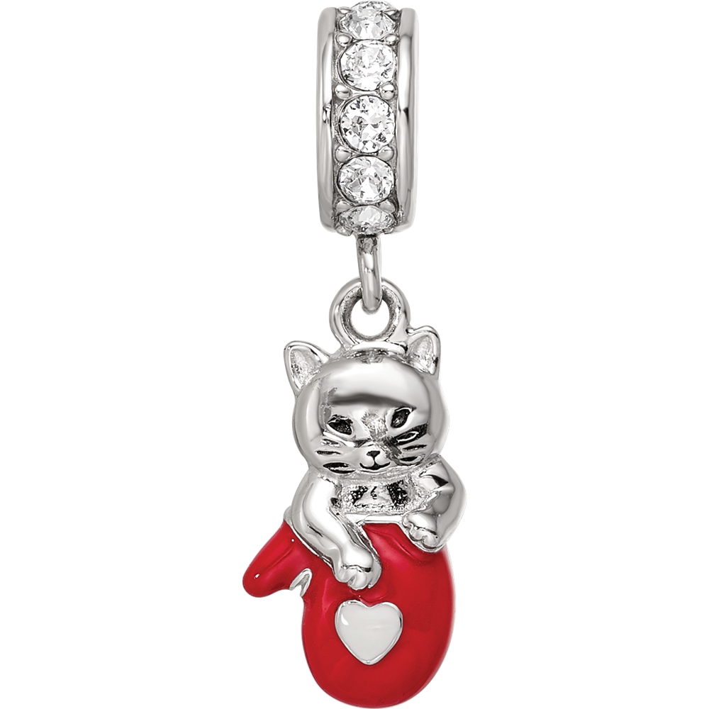 SS Reflections Rhod-plated Crystals Enamel Kitten Dangle Bead