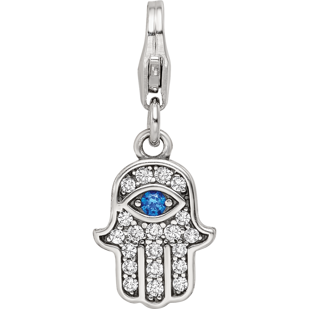 SS Reflections Rhod-plated CZ & Blue Spinel Hamsa/Chamseh Click-On Bead