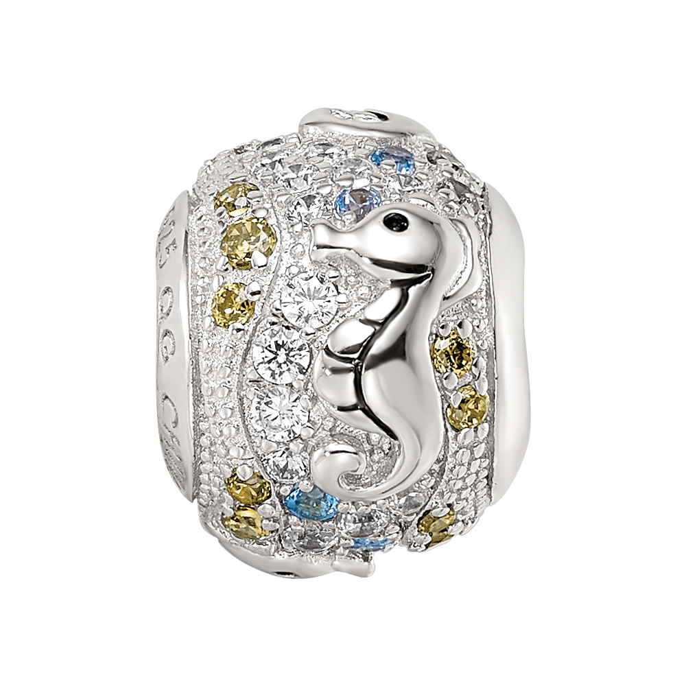 Sterling Silver Reflections Rhod-plated CZ & Blue Spinel Sea Horse Bead