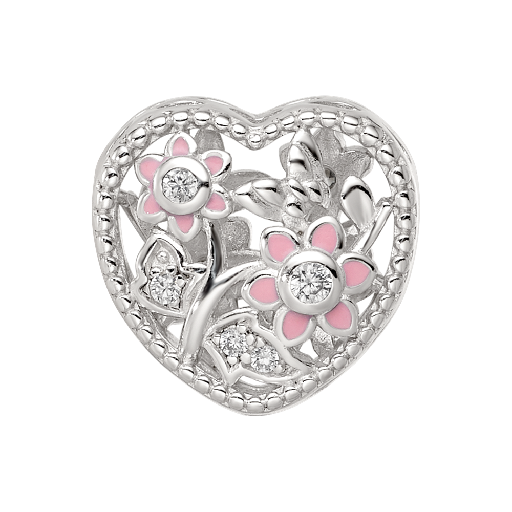 Sterling Silver Reflections Rhod-plated Enamel CZ Heart Shaped Bead