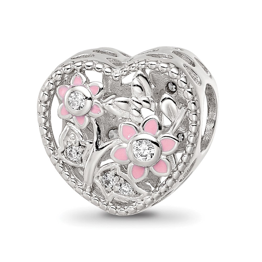 Sterling Silver Reflections Rhod-plated Enamel CZ Heart Shaped Bead