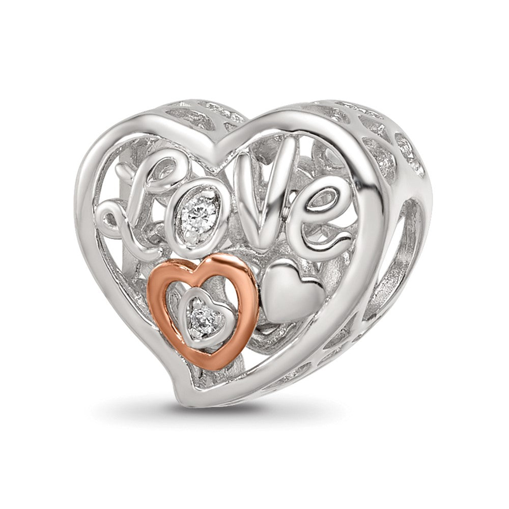 Sterling Silver Reflections Rhodium and Rose Gold-plated CZ Love Heart Shaped Bead