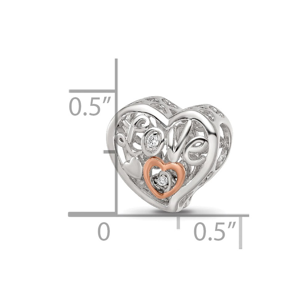 Sterling Silver Reflections Rhodium and Rose Gold-plated CZ Love Heart Shaped Bead
