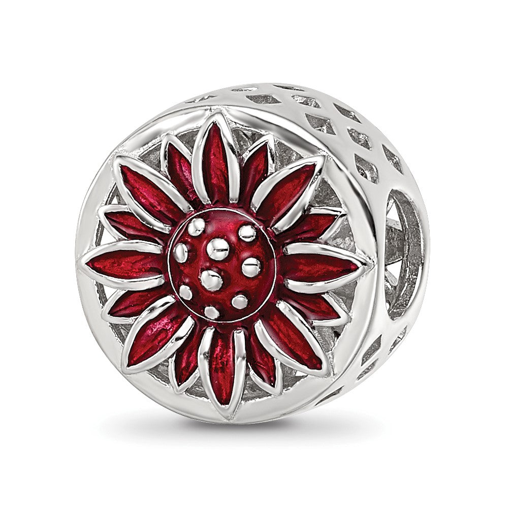 Sterling Silver Reflections Rhodium-plated Red Enamel Flower Bead