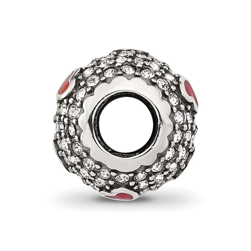 Sterling Silver Reflections CZ and Red Enamel Heart Round Bead
