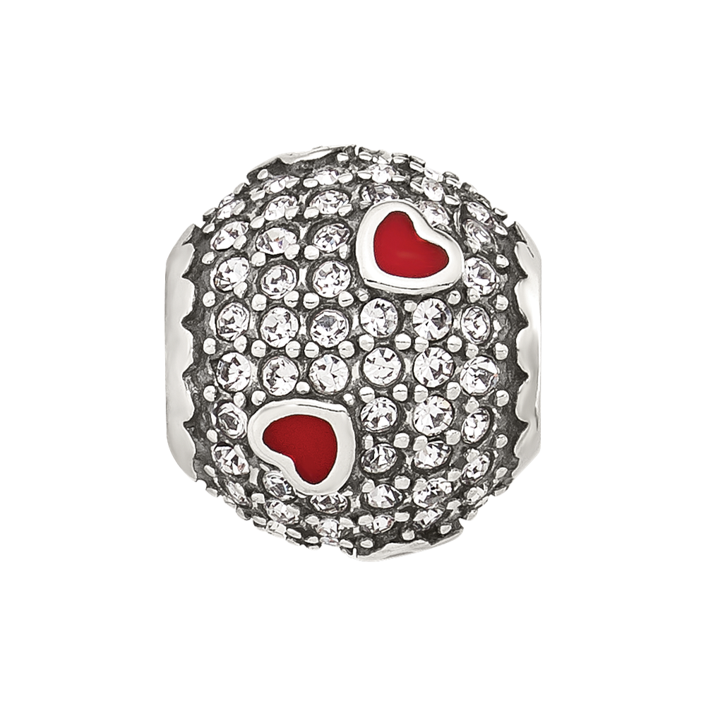 Sterling Silver Reflections CZ and Red Enamel Heart Round Bead