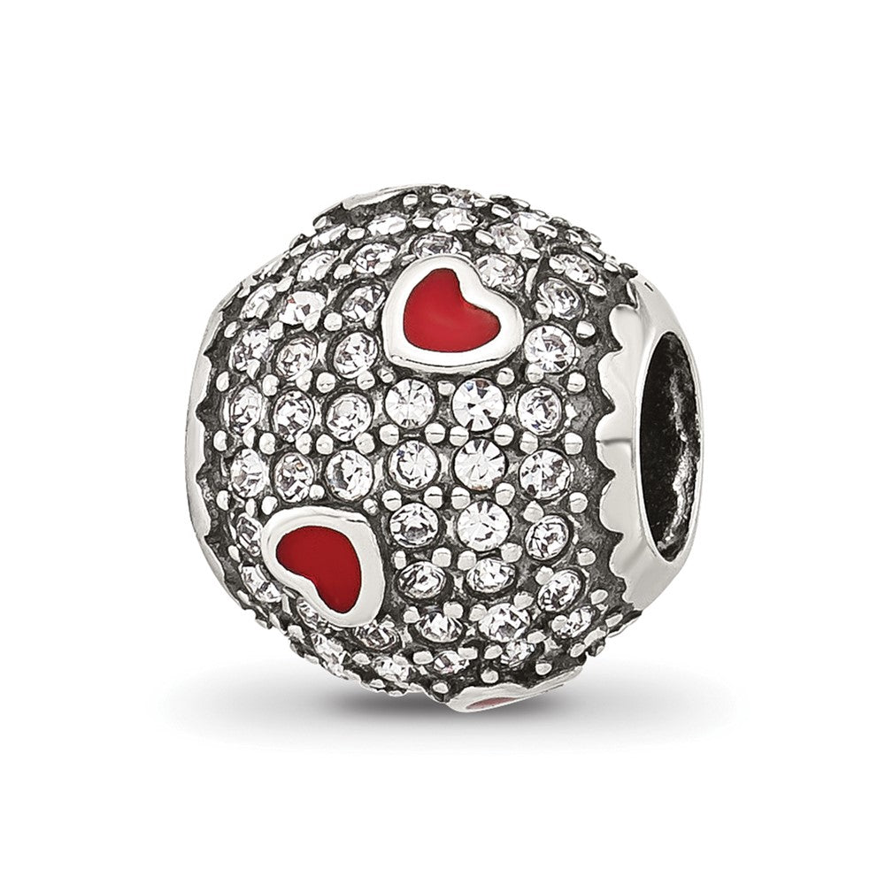 Sterling Silver Reflections CZ and Red Enamel Heart Round Bead