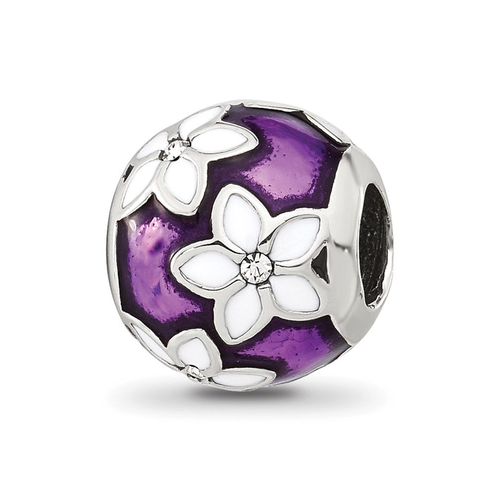 Sterling Silver Reflections Purple and White Enamel and CZ Floral Bead