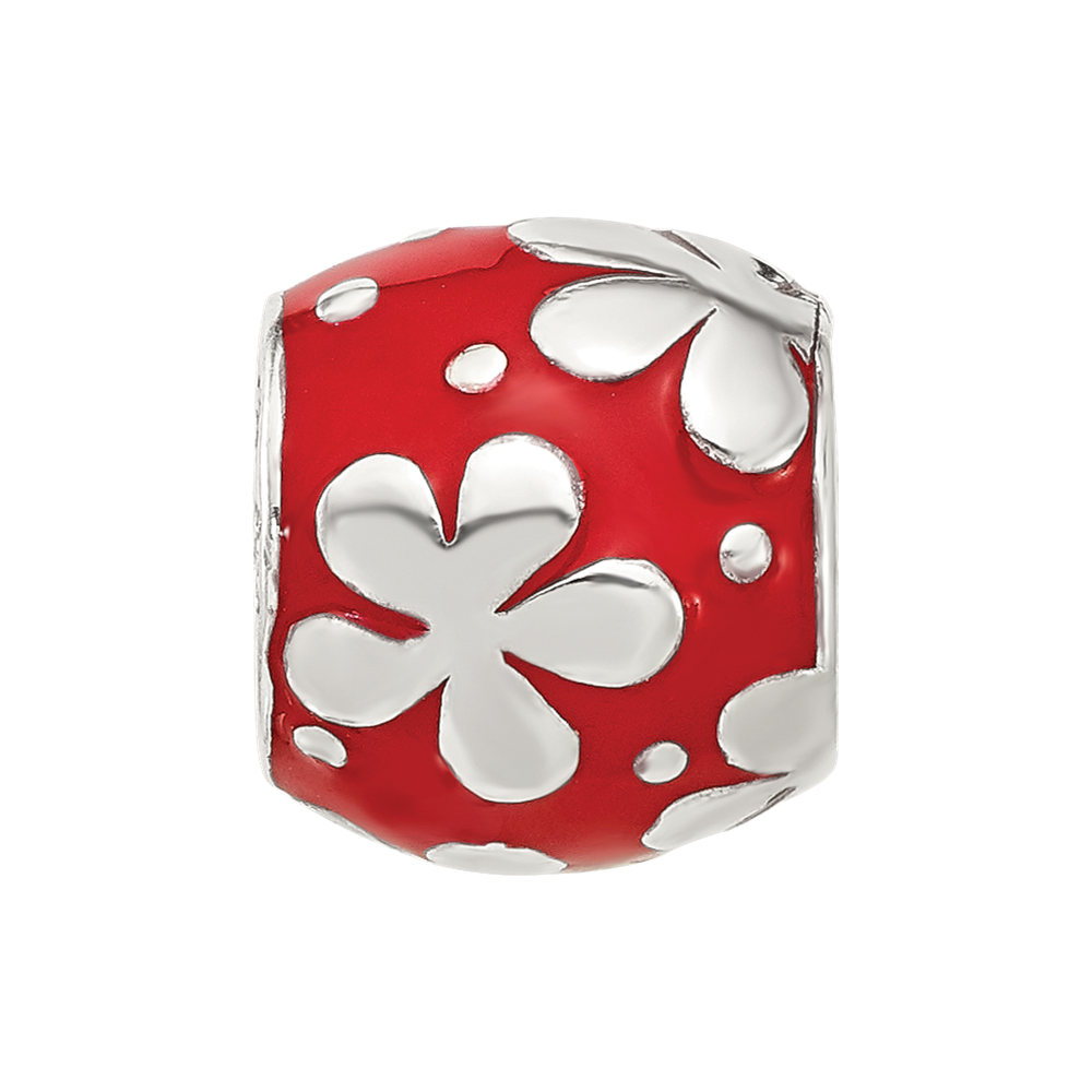 Sterling Silver Reflections Red Enameled Round Floral Bead