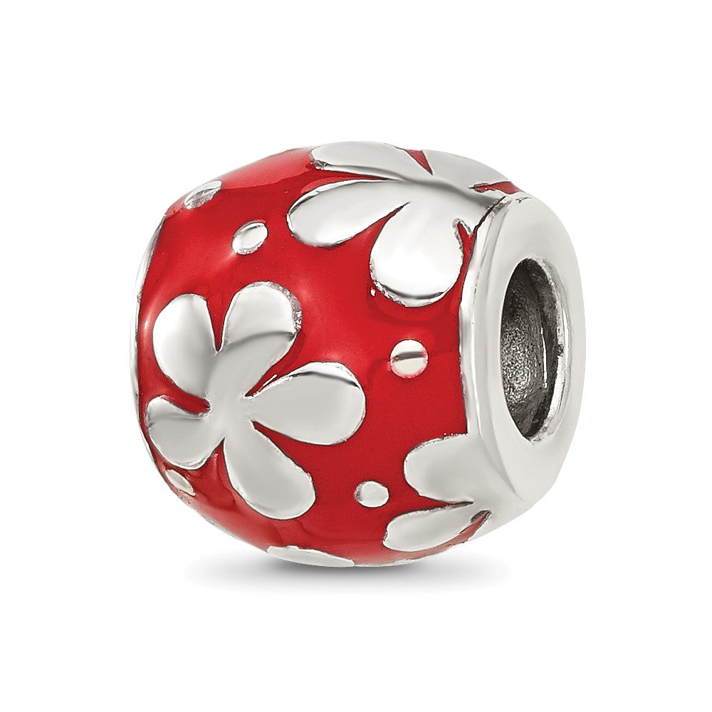 Sterling Silver Reflections Red Enameled Round Floral Bead