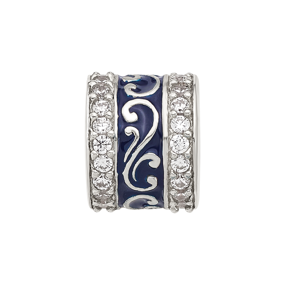Sterling Silver Reflections Polished CZ Blue Enameled Scroll Bead