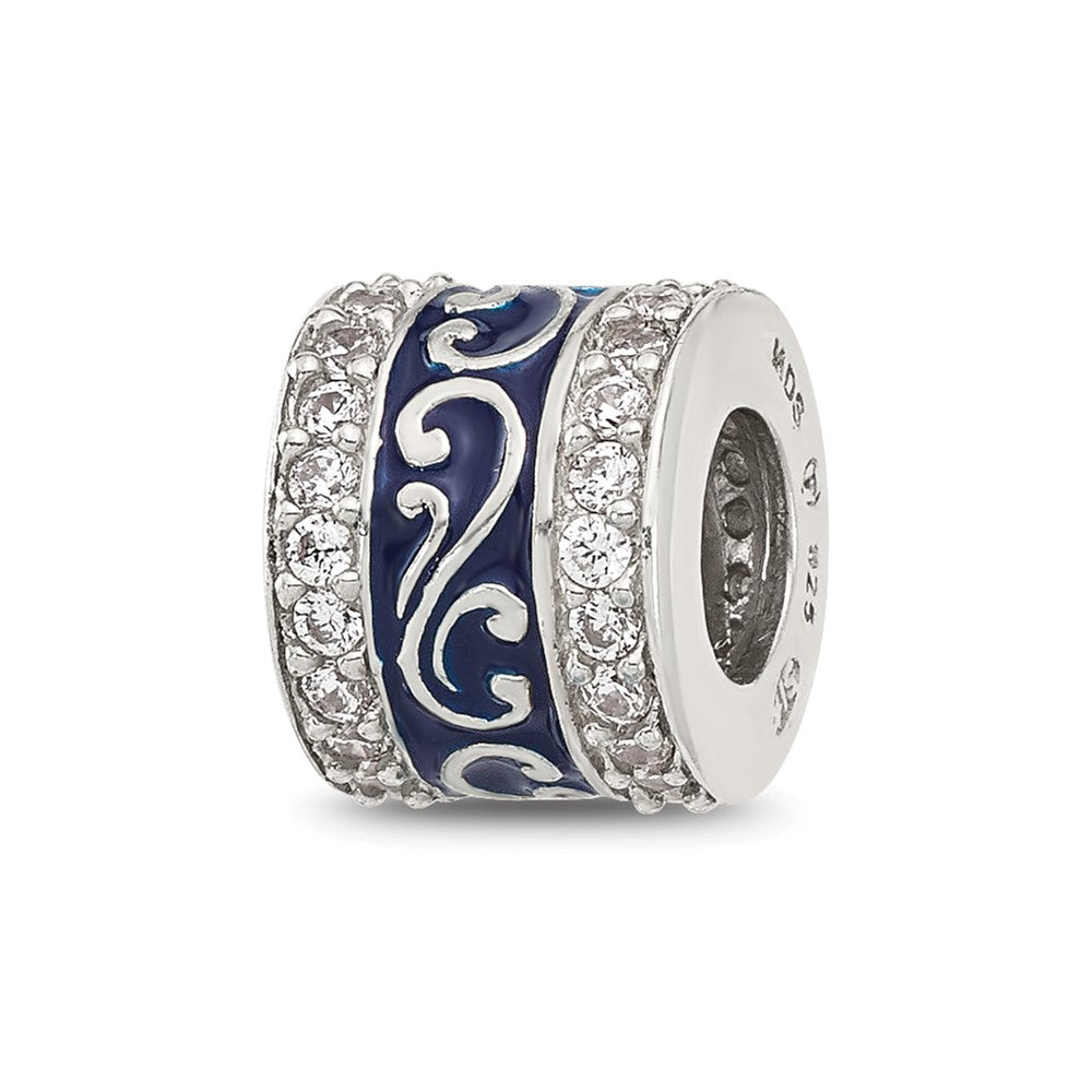 Sterling Silver Reflections Polished CZ Blue Enameled Scroll Bead