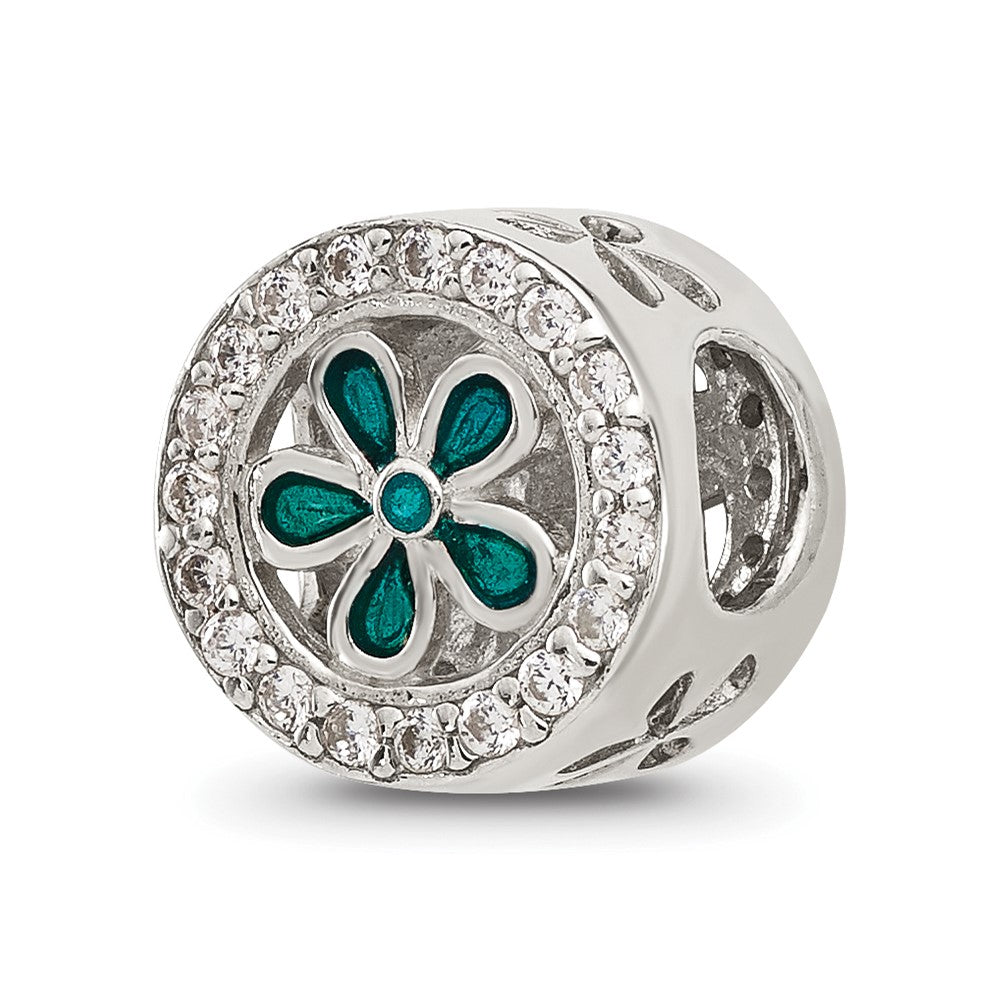 Sterling Silver Reflections Polished CZ and Teal Enamel Flower Circle Bead