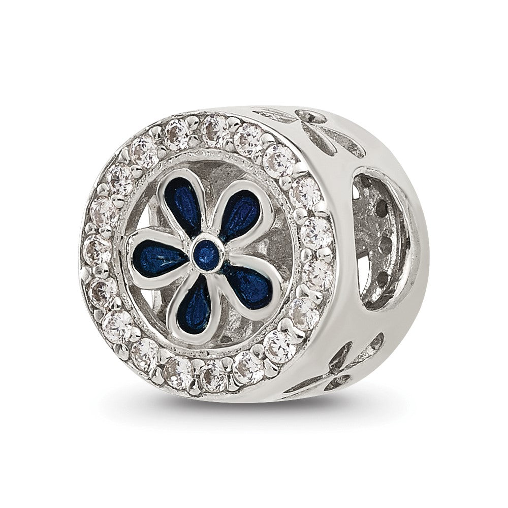 Sterling Silver Reflections Polished CZ and Blue Enamel Flower Circle Bead