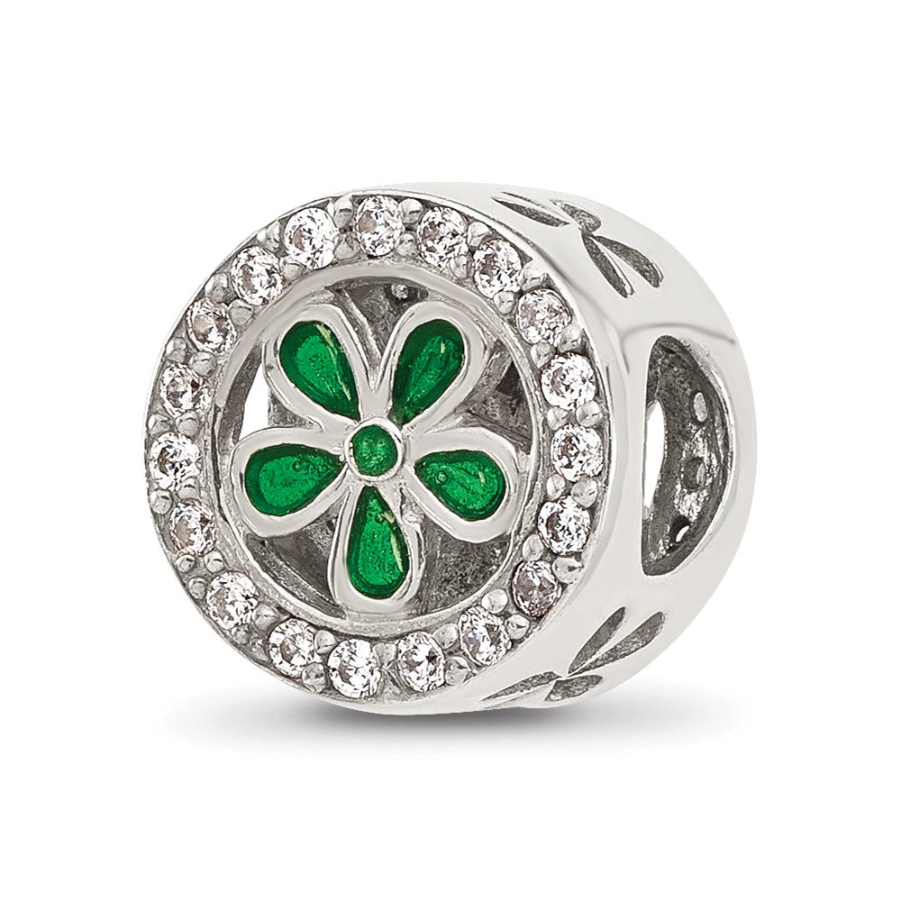 Sterling Silver Reflections Polish CZ and Green Enamel Flower Circle Bead