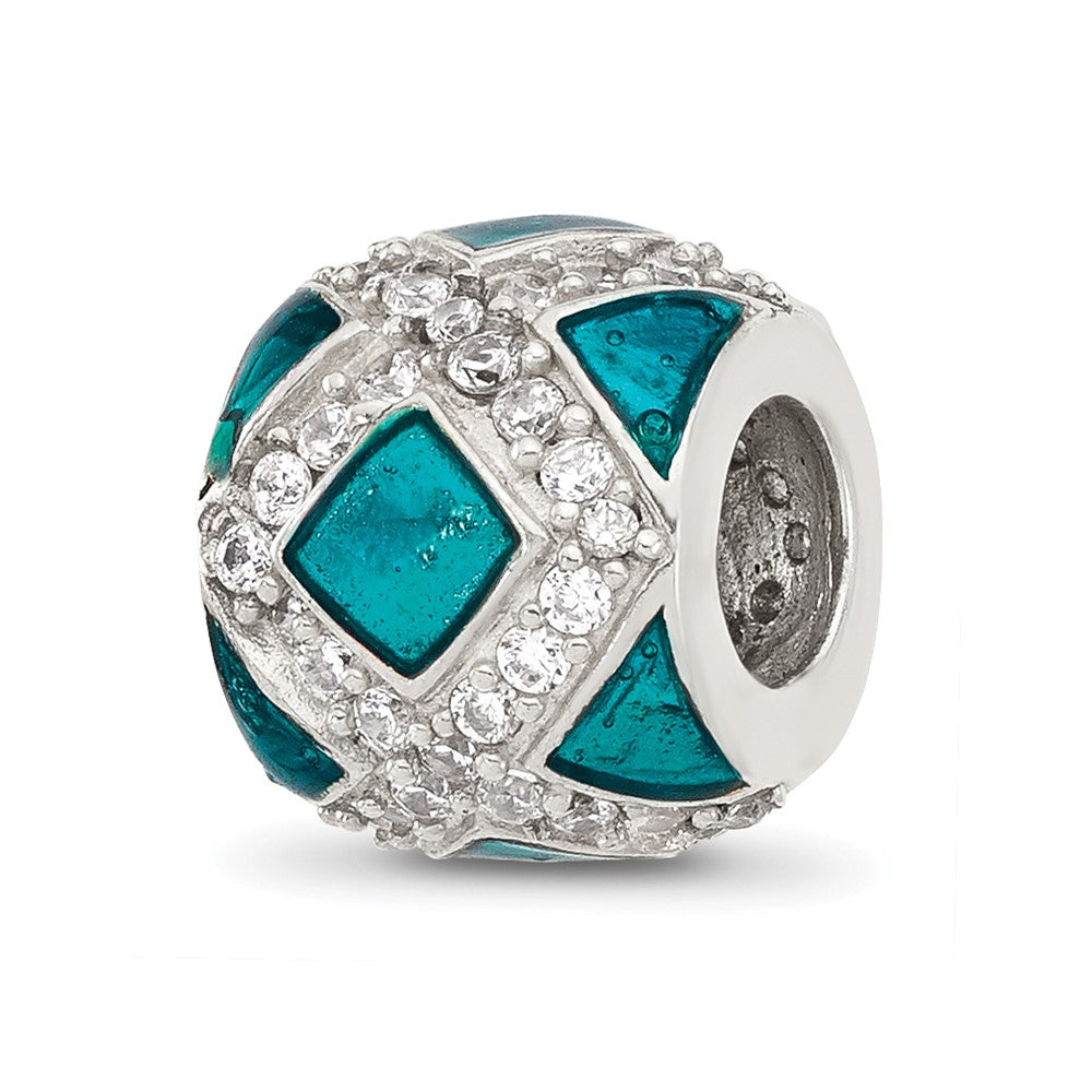 Sterling Silver Reflections CZ Teal Enameled Fancy Bead