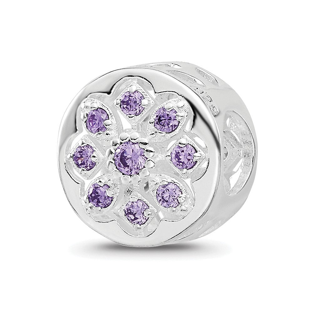 Sterling Silver Reflections Rh-plated Purple/Clear CZ Floral Reverse Bead