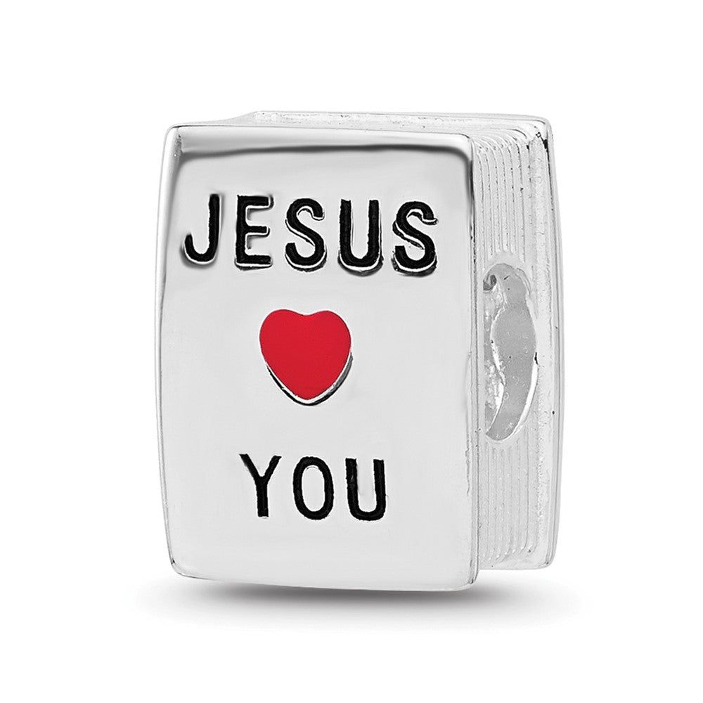 SS Reflections RH-plated Enamel &CZ Cross Jesus Loves You Square Bead