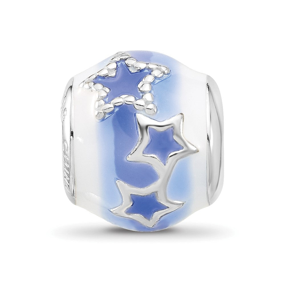 Sterling Silver Reflections Rh-plated Blue & White Enamel Stars Bead