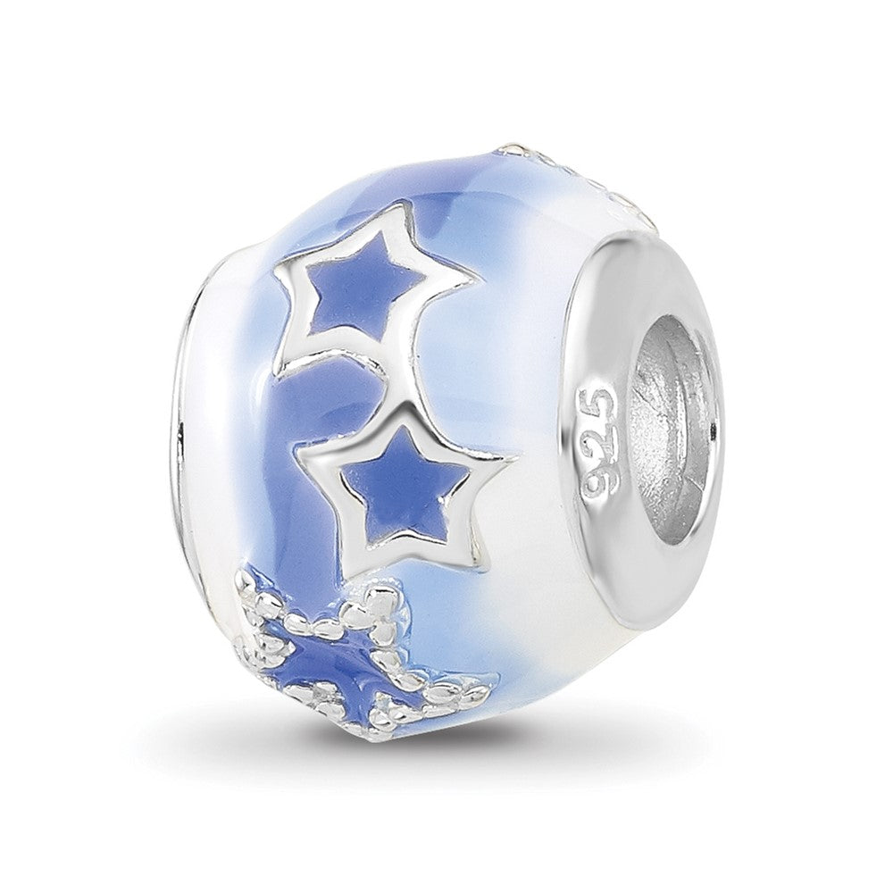 Sterling Silver Reflections Rh-plated Blue & White Enamel Stars Bead