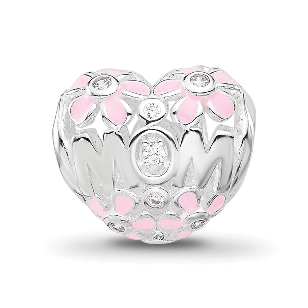 SS Reflections RH-plated Pink Enamel CZ Floral Mom Heart Bead