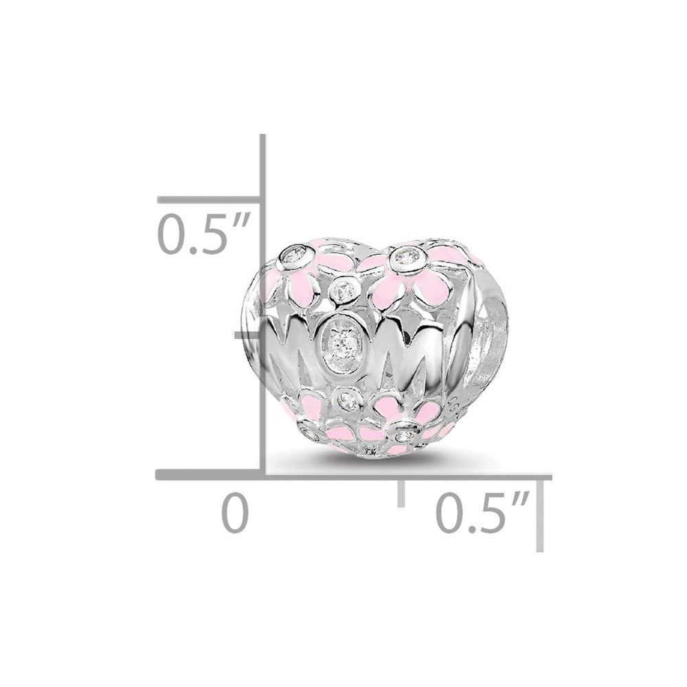 SS Reflections RH-plated Pink Enamel CZ Floral Mom Heart Bead