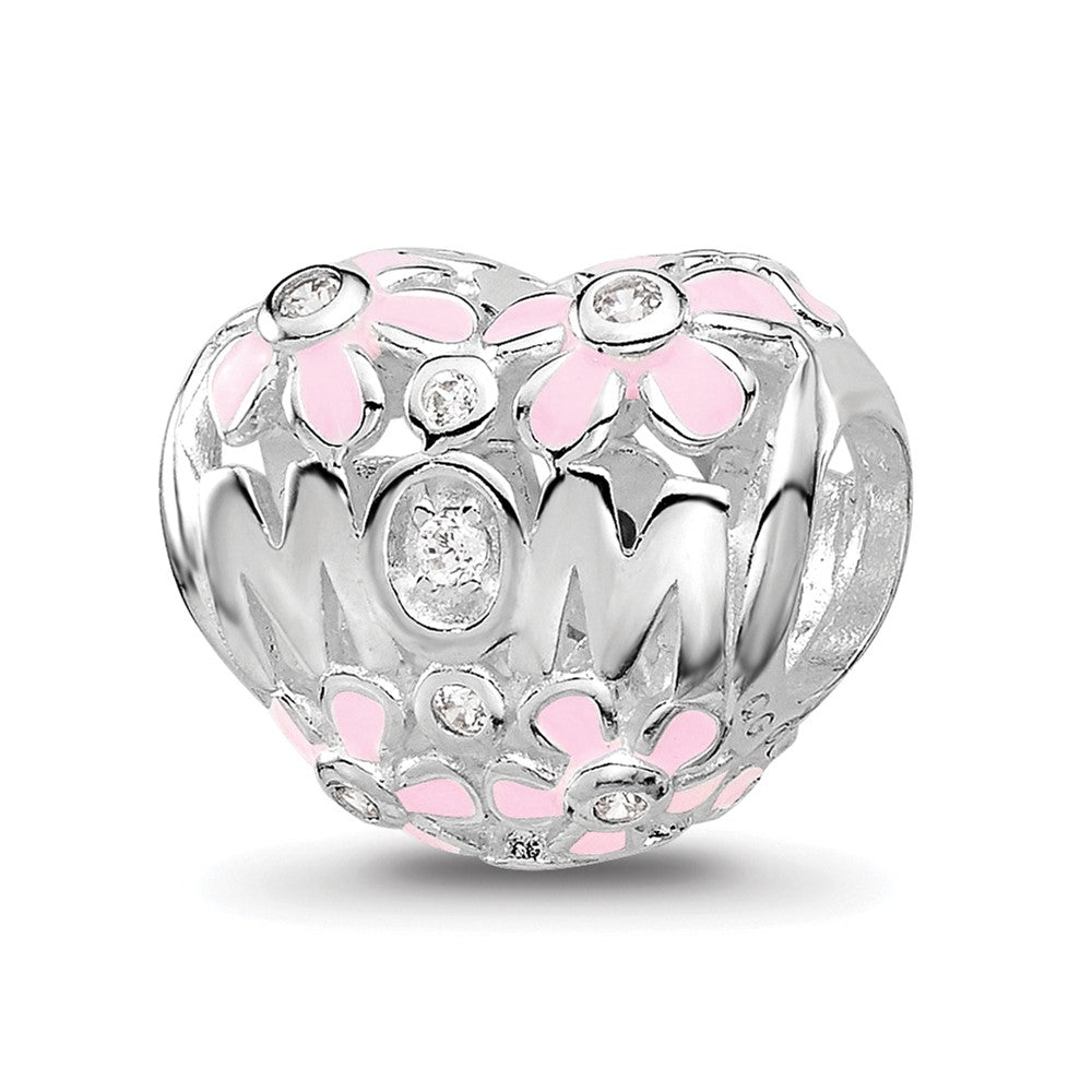 SS Reflections RH-plated Pink Enamel CZ Floral Mom Heart Bead