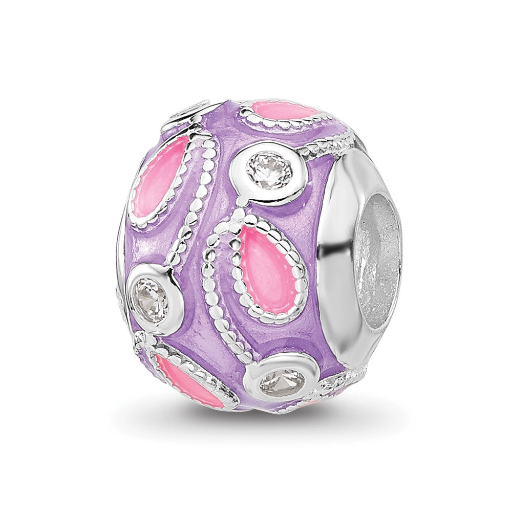 Sterling Silver Reflections RH-plated Purple Enameled and CZ Bead