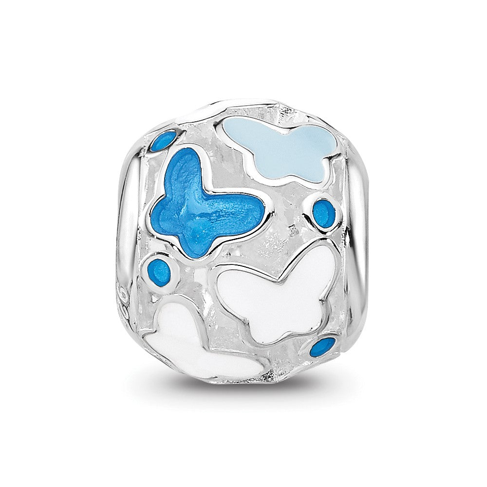 Sterling Silver Relfections Rh-plated Blue Enameled Butterflies Bead