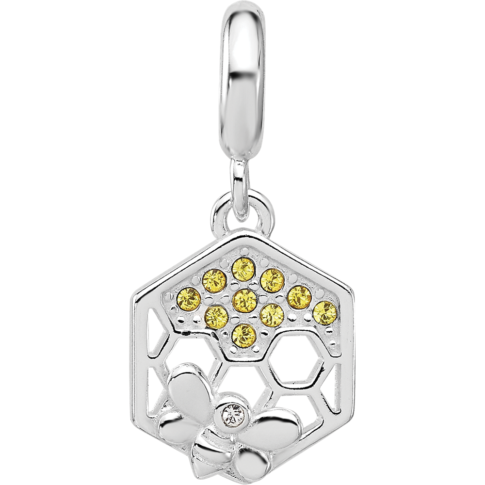 SS Reflections Rh-plated CZ Bee with Honeycomb Dangle Bead