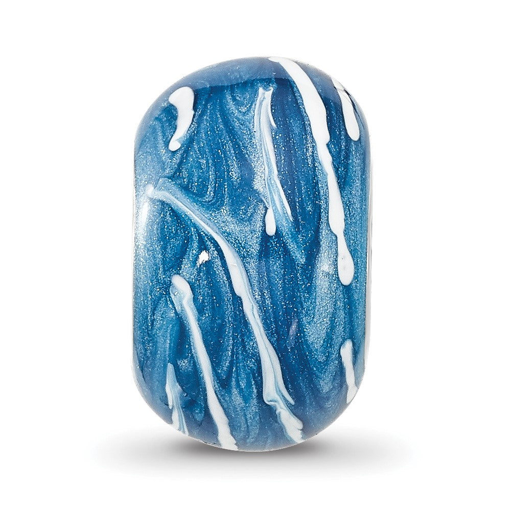 Sterling Silver Reflections Rhodium-plated Blue & White Enameled Bead