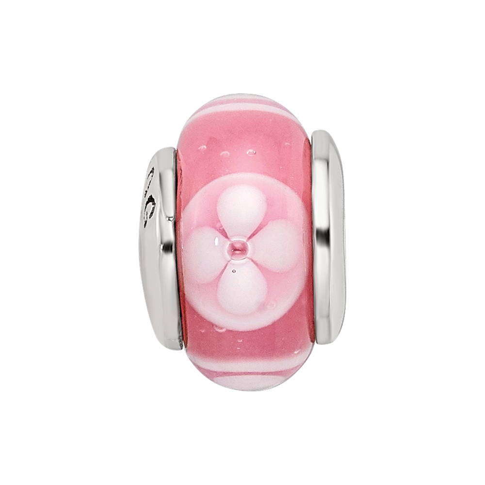 Collection Sterling Silver Hand-blown Pink with Floral Pattern Glass Reflections Bead
