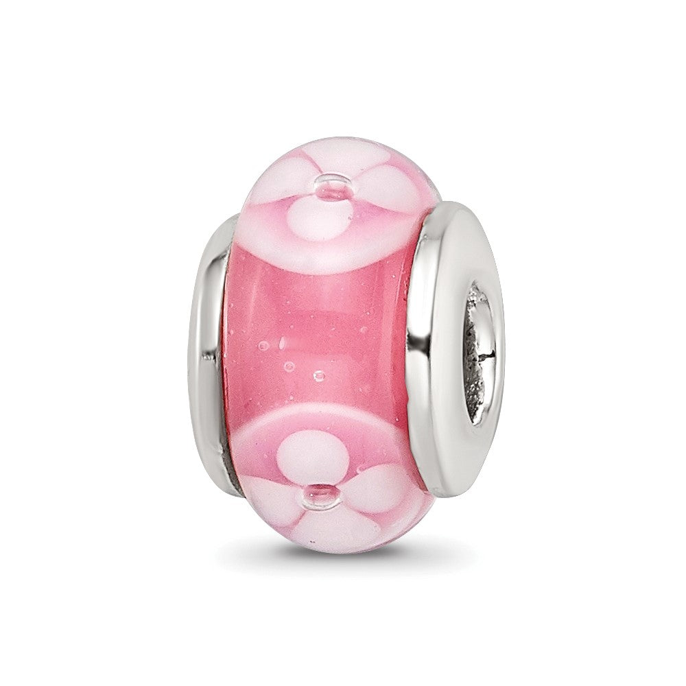 Collection Sterling Silver Hand-blown Pink with Floral Pattern Glass Reflections Bead