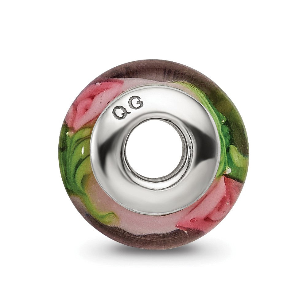 Collection Sterling Silver Hand-blown Pink with Flower Pattern Glass Reflections Bead