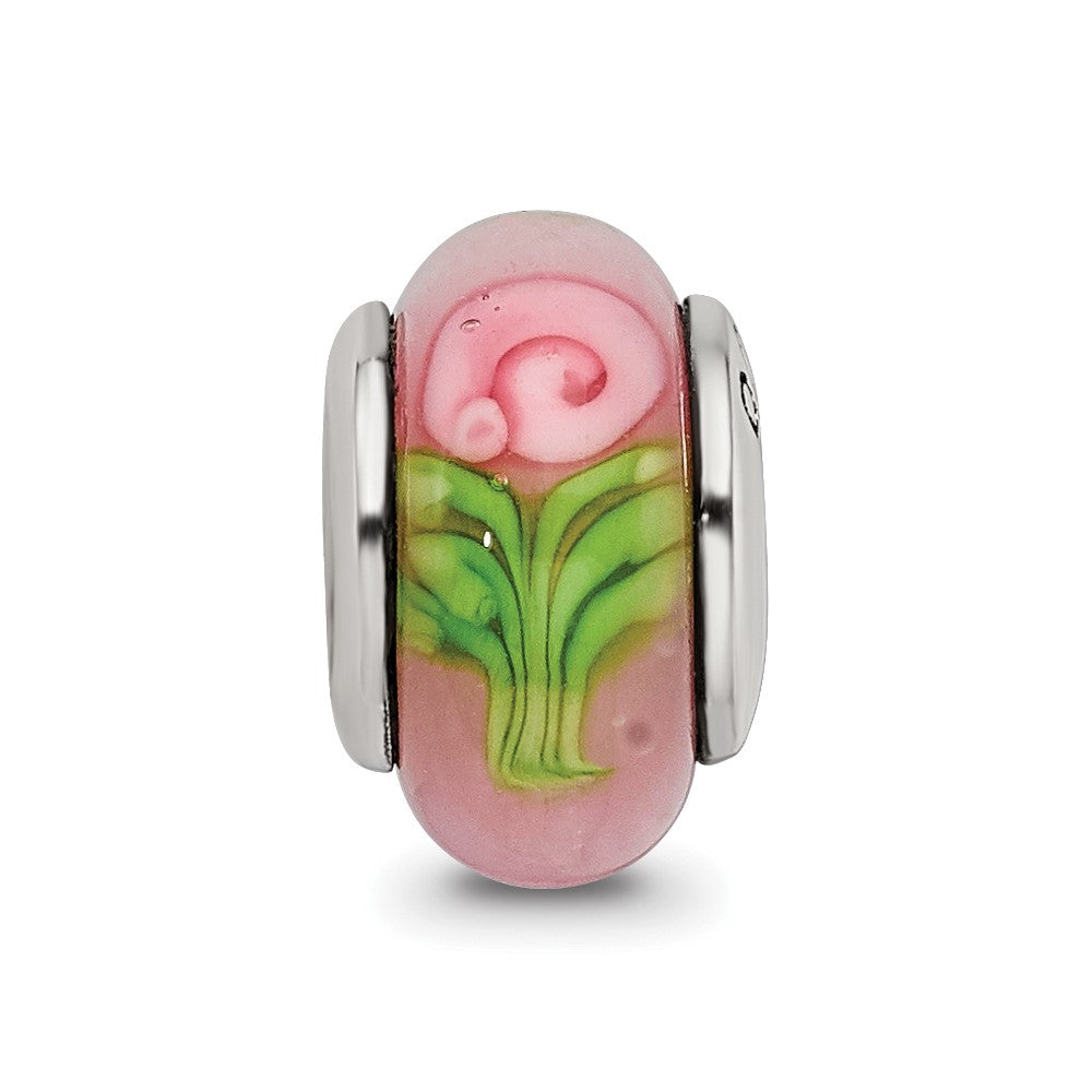 Collection Sterling Silver Hand-blown Pink with Flower Pattern Glass Reflections Bead