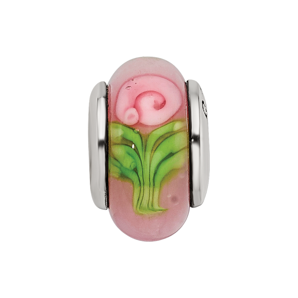Collection Sterling Silver Hand-blown Pink with Flower Pattern Glass Reflections Bead