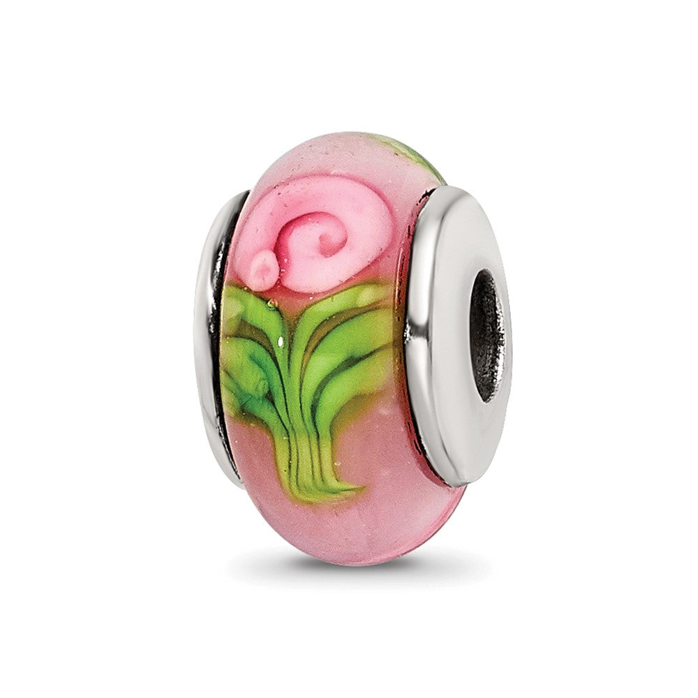 Collection Sterling Silver Hand-blown Pink with Flower Pattern Glass Reflections Bead