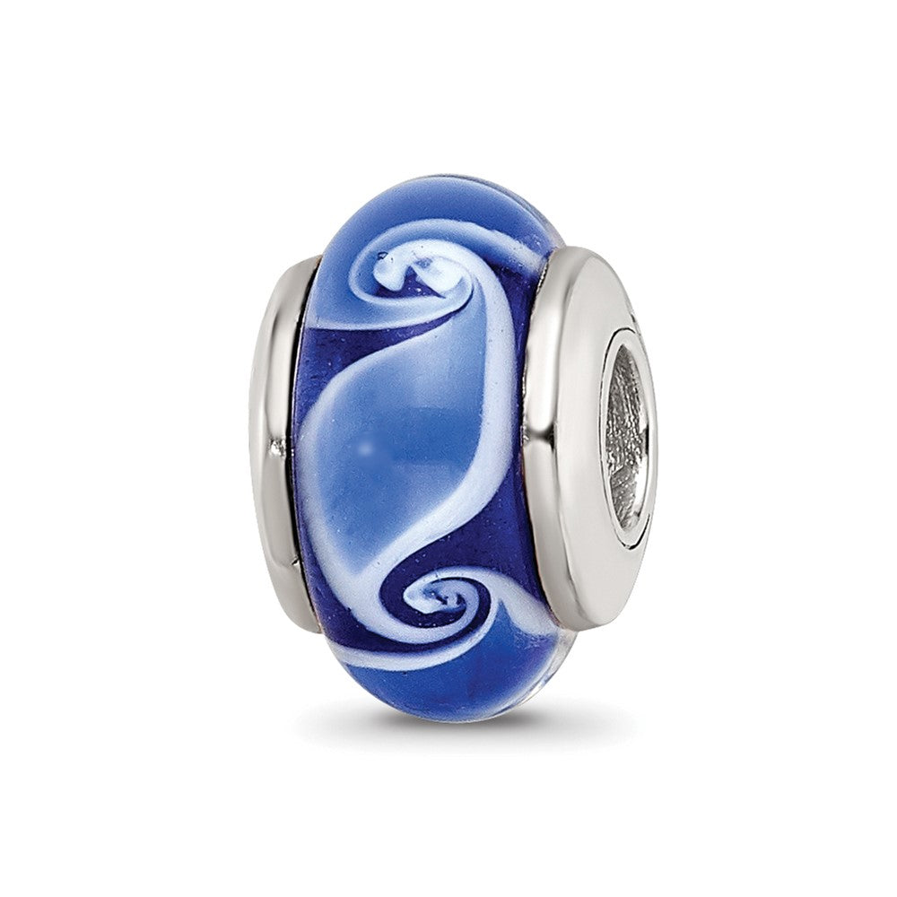 Collection Sterling Silver Hand-blown Blue Glass Wave Pattern Reflections Bead