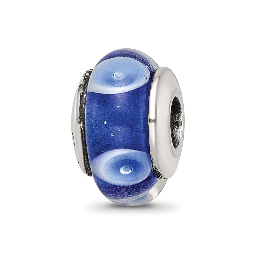 Collection Sterling Silver Hand-blown Blue with White Dots Pattern Glass Reflections Bead