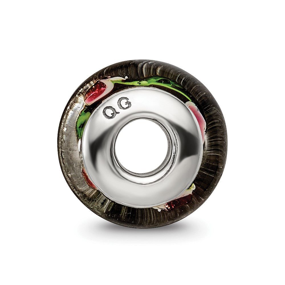 Collection Sterling Silver Hand-blown Black with Floral Pattern Glass Reflections Bead