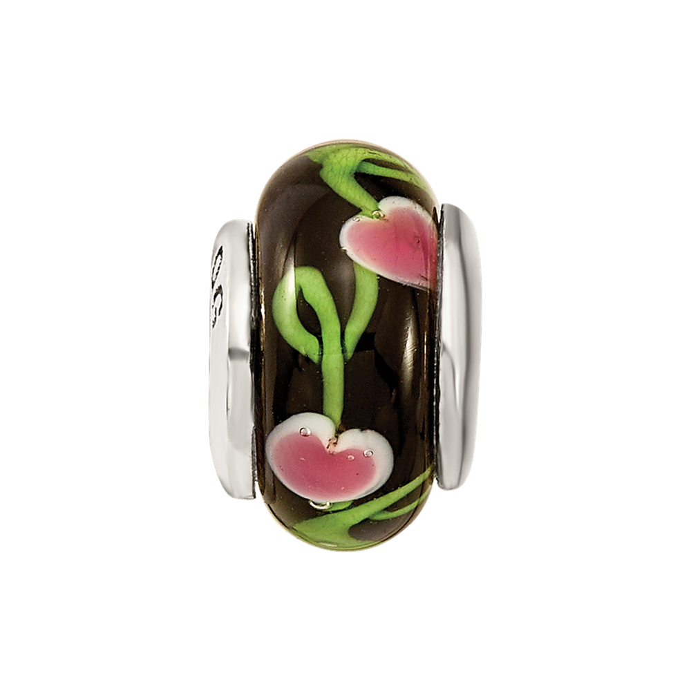 Collection Sterling Silver Hand-blown Black with Floral Pattern Glass Reflections Bead